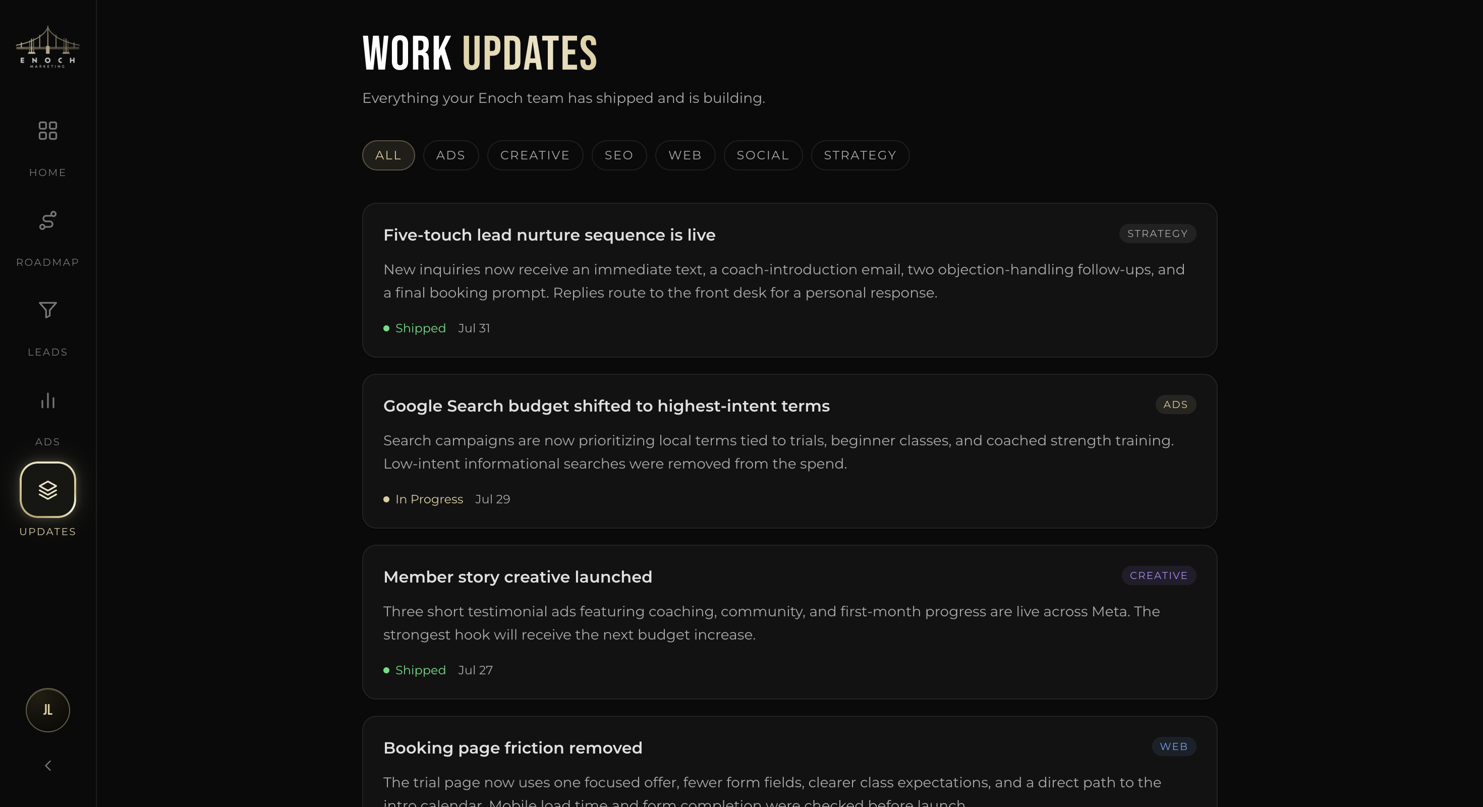 Enoch Portal work updates showing shipped and active strategy, advertising, creative, web, social, and SEO work