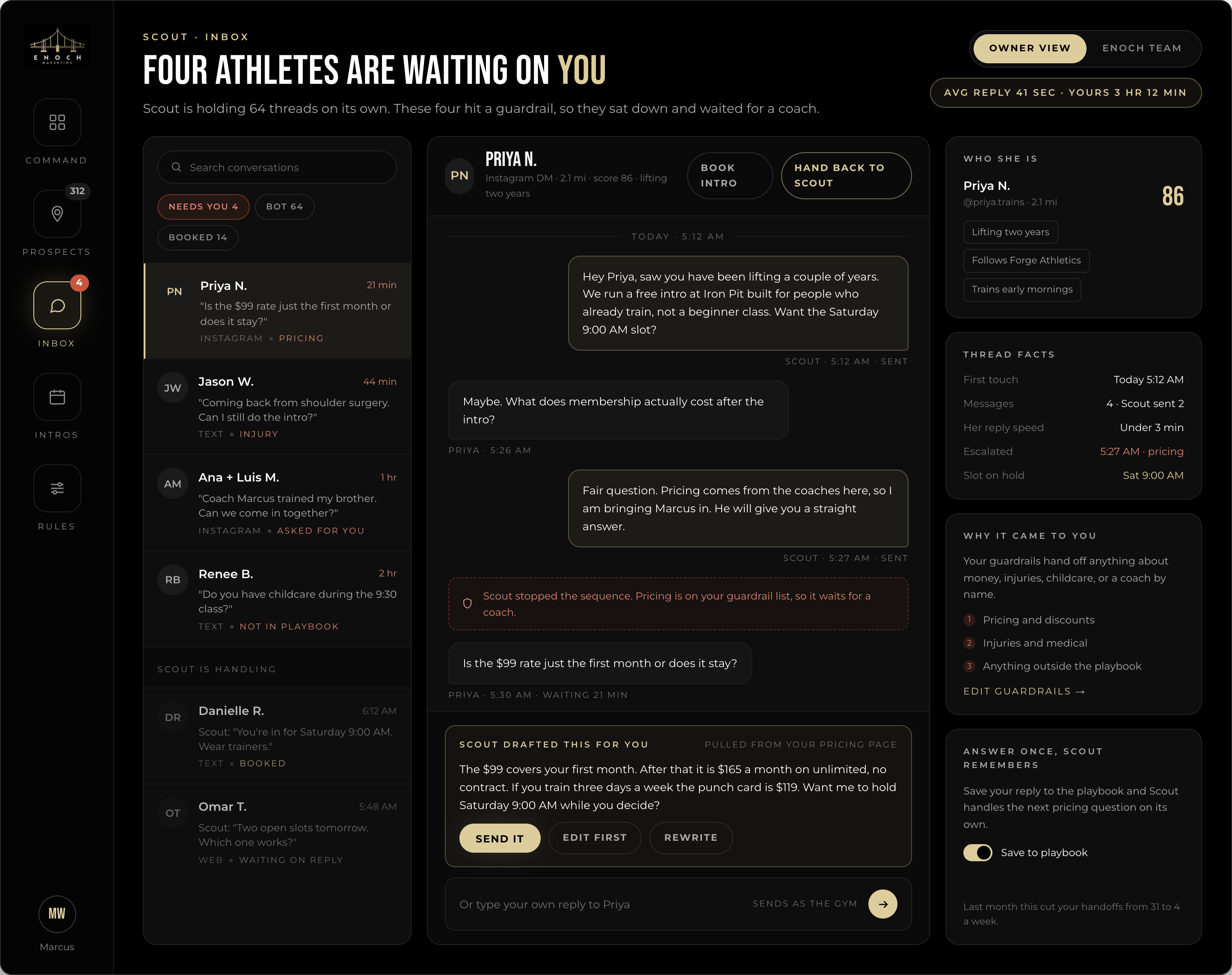 Scout inbox showing conversations paused for human judgment, prospect context, escalation reasons, conversation history, and an editable suggested reply