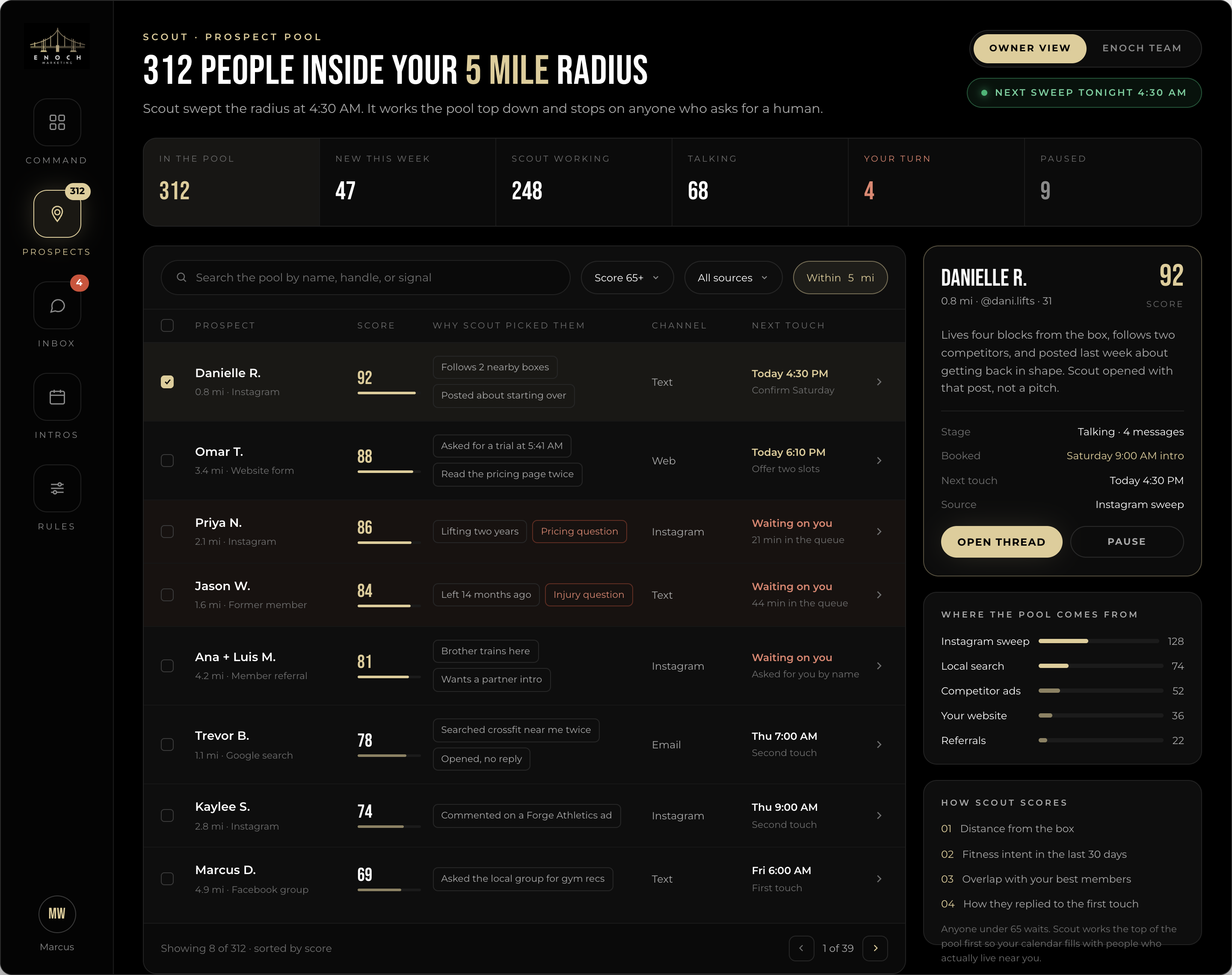 Scout prospect pool showing ranked local prospects, fit scores, sources, reasons each person was selected, next touch timing, and conversations needing owner input