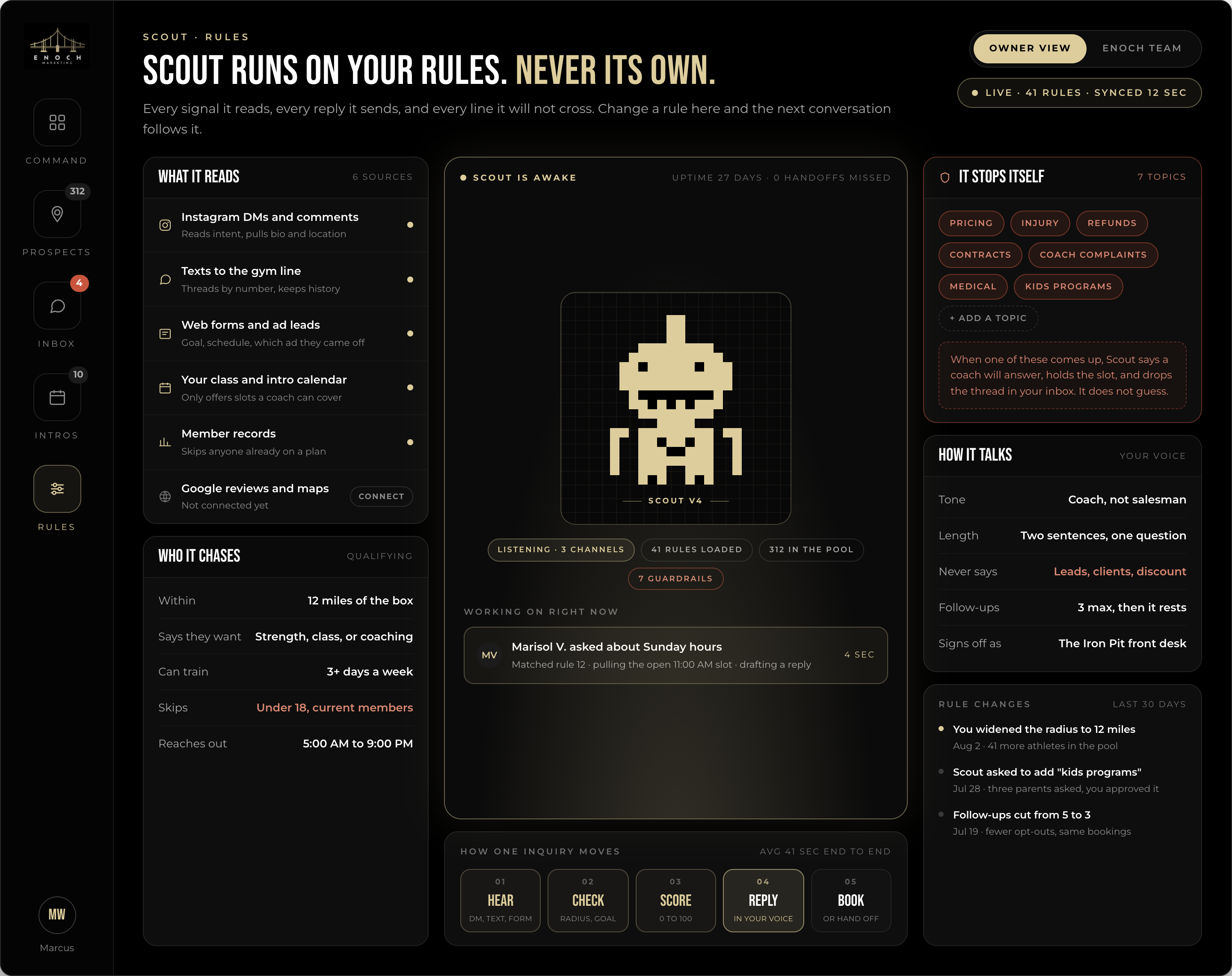 Scout rules dashboard showing approved data sources, prospect qualifications, operating hours, brand voice, escalation topics, and owner-controlled guardrails